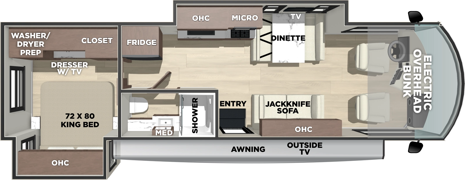 The FR3 31DS floorplan has one entry and zero slide outs. Exterior features include: 16' awning and outside entertainment. Interiors features include: rear bedroom, bunk over cab and dinette.